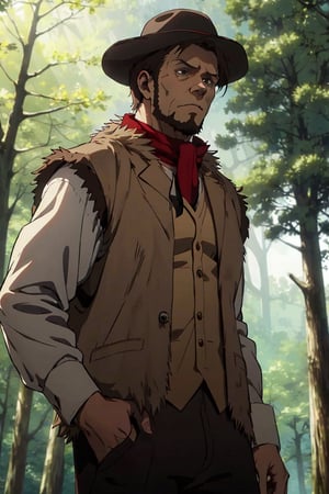 solo male, Artur Braus, Attack on Titan Anime style, hunter, shaggy brown hair, brown eyes, sideburns, beard, thin goatee, white shirt, (single vest), (brown fur trim vest, close vest:1.7), long sleeves, (loose red cravat:1.7), black pants, brown hat, middle-age, mature, handsome, charming, alluring, standing, upper body, perfect anatomy, perfect proportions, best quality, masterpiece, high_resolution, dutch angle, cowboy shot, photo background, forest
