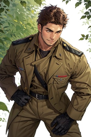 (1 image only), solo male, 1boy, Sadik Adnan, Turkey, Hetalia: Axis Powers, Turkish male, olive-skinned, facial hair, chinstrap stubble, sideburns, shaved philtrum, hairless philtrum, brown eyes, thick dark eyebrows, brown hair, short hair, long green coat, brown pants, knee-high boots, tan scarf, black gloves, grin, handsome, mature, charming, alluring, upper body in frame, perfect anatomy, perfect proportions, 8k, HQ, (best quality:1.2, hyperrealistic:1.2, photorealistic:1.2, masterpiece:1.3, madly detailed photo:1.2), (hyper-realistic lifelike texture:1.2, realistic eyes:1.2), high_resolution, perfect eye pupil, dutch angle,perfecteyes