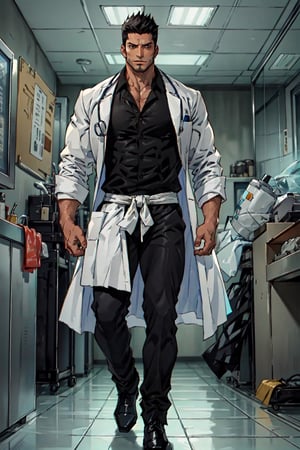 1boy, solo, Isshin Kurosaki, BLEACH, anime, tall, muscular man,(black hair), brown eyes, thin stubble around mouth and on cheeks, 40 years old, mature, (light yellow collared shirt, doctor's white robe, black suit pants, black pants). manly, masculine, handsome, charming, alluring, (full body in frame), perfect light, perfect anatomy, perfect proportions, perfect perspective, 8k, HQ,  (best quality:1.2, masterpiece:1.2, madly detailed), perfect face, front view, clinic room, sexydoctor