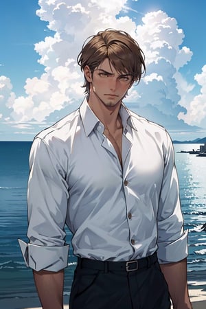 jean_kirstein(brown hair, short hair, stubble, bare forehead:1.2), (light brown eyes:1.4), fit body, (wearing pure white collared shirt, button up shirt:1.3), military green pants, black combat boots:1.2), roll up sleeve, manly, bulky, charming, alluring, dejected, depressed, sad, (standing), (upper body in frame), simple background(1910s harbor, endless ocean, midday, cumulus clouds), backlight, blue sky, perfect light, only 1 image, perfect anatomy, perfect proportions, perfect perspective, 8k, HQ, (best quality:1.5, hyperrealistic:1.5, photorealistic:1.4, madly detailed CG unity 8k wallpaper:1.5, masterpiece:1.3, madly detailed photo:1.2), (hyper-realistic lifelike texture:1.4, realistic eyes:1.2), picture-perfect face, detailed eyes, perfect eye pupil, realistic, HD, UHD, front view
