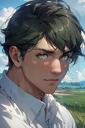 Bertlot, black hair, (pale green eyes, normal size eyes), (aquiline nose:1.2), fit body, wearing pure white collared shirt, blue sweater, handsome, charming, alluring, calm eyes, (standing), (upper body in frame), simple background, green plains, cloudy blue sky, perfect light, only1 image, perfect anatomy, perfect proportions, perfect perspective, 8k, HQ, (best quality:1.5, hyperrealistic:1.5, photorealistic:1.4, madly detailed CG unity 8k wallpaper:1.5, masterpiece:1.3, madly detailed photo:1.2), (hyper-realistic lifelike texture:1.4, realistic eyes:1.2), picture-perfect face, perfect eye pupil, detailed eyes, realistic, HD, UHD, (front view:1.2), portrait, looking outside frame