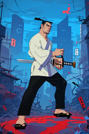 (1 image only), solo male, Samurai Jack, Cartoon Network style, Asian, Japanese, intense gaze, black hair, short topknot, black eyes, geta, white kimono, white sashes, wide sleeves, mature, handsome, charming, alluring, uperfect anatomy, perfect proportions, (best quality, masterpiece), (perfect hands), high_resolution, dutch angle, cowboy shot, fine art, (2d, flat), (single placket),  fighting_stance, holding sword, (perfect sword), battoujutsu, red and black cityscape,Flat Illustration