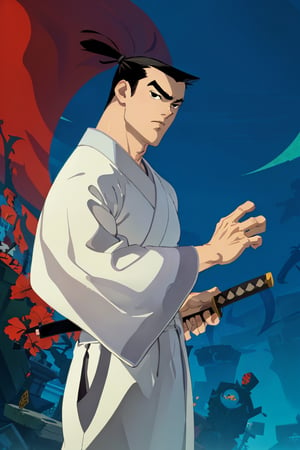 (1 image only), solo male, Samurai Jack, Cartoon Network style, Asian, Japanese, black hair, topknot, black eyes, geta, white kimono, white sashes, wide sleeves, mature, handsome, charming, alluring, uperfect anatomy, perfect proportions, (best quality, masterpiece), perfect hands, high_resolution, dutch angle, cowboy shot, fine art, (2d, flat), (single placket),  fighting_stance, holding sword, battoujutsu