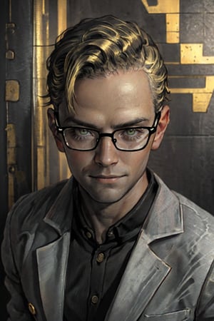 (1 image only), solo male, Arcade Gannon, green eyes, blond hair, short hair, bare forehead, (black glasses1.2), (pure ight-grey collared shirt:1.2, open white lab coat:1.2), (tucked-in shirts), mature, manly, hunk, masculine, virile, confidence, charming, alluring, slight smile, standing, upper body in frame, (1920s artdeco style luxury black and gold pattern background:1.2), perfect anatomy, perfect proportions, 8k, HQ, (best quality:1.5, hyperrealistic:1.5, photorealistic:1.4, madly detailed CG unity 8k wallpaper:1.5, masterpiece:1.3, madly detailed photo:1.2), (hyper-realistic lifelike texture:1.4, realistic eyes:1.2), picture-perfect face, perfect eye pupil, detailed eyes,perfecteyes