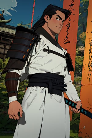 (1 image only), solo male, Samurai Jack, Cartoon Network style, Asian, Japanese, black hair, black eyes, mature, handsome, charming, alluring, uperfect anatomy, perfect proportions, (best quality, masterpiece), perfect hands, high_resolution, dutch angle, cowboy shot, fine art, (2d, flat), (single placket), Holding sword,japanese samurai armor