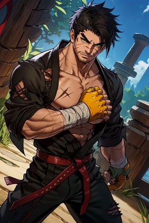 solo male, Grappler, Dungeon Fighter Online, black hair, short hair, brown eyes, thick eyebrows, forked eyebrows, stubble, green eyes, scars on face, scar on cheek, scar on chest, pectorals, pectoral cleavage, rn black dougi, black pants, red martial arts belt, yellow fingerless gloves, barefoot, bandaged hand, toned male, mature, handsome, charming, alluring, serious, fighting stance, upper body, perfect anatomy, perfect proportions, best quality, masterpiece, high_resolution, dutch angle, cowboy shot, photo background