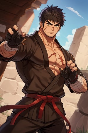 solo male, Grappler, Dungeon Fighter Online, black hair, short hair, brown eyes, thick eyebrows, forked eyebrows, stubble, green eyes, scars on face, scar on cheek, scar on chest, pectorals, pectoral cleavage, rn black dougi, black pants, red martial arts belt, yellow fingerless gloves, barefoot, bandaged hand, toned male, mature, handsome, charming, alluring, blush, shy, serious, fighting stance, upper body, perfect anatomy, perfect proportions, ((perfect eyes, perfect, parfect fingers)), best quality, masterpiece, high_resolution, dutch angle, cowboy shot, photo background, (looking outside)