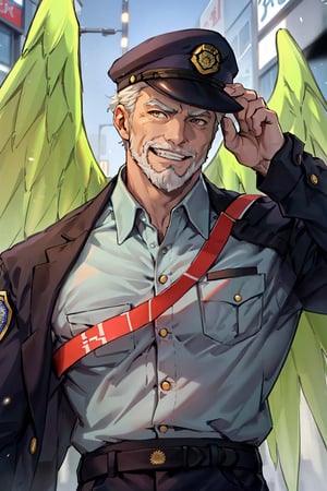 (1 image only), solo male, bara, Hogen, Tokyo Afterschool Summoners, Asain, Japanese, Tengu, old man, white hair, short hair, gold eyes, thick eyebrows, white facial hair, white beard, Japanese police uniform, Japanese police hat, pure aqua-color collared shirt, pure aqua-color sleeves, (black jacket on shoulders), grin, mature, handsome, charming, alluring, standing, upper body in frame, perfect anatomy, perfect proportions, 2D, anime, (best quality, masterpiece), (perfect eyes, perfect eye pupil), high_resolution, dutch angle, (Tokyo city street), better_hands, perfect fingers, green wings,best quality