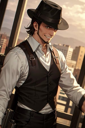 solo male, Kenny Ackerman, Attack on Titan Anime style, brown hair, hair slicked back, grey eyes, sideburns, thin beard along jawline, white collared shirt, long sleeves, (simple black vest, long vest), black pants, (dark fedora hat), vertical maneuvering equipment, armor, holster, athletic build, middle-age, mature, handsome, charming, alluring, grin, standing, upper body, perfect anatomy, perfect proportions, best quality, masterpiece, high_resolution, dutch angle, cowboy shot, photo background