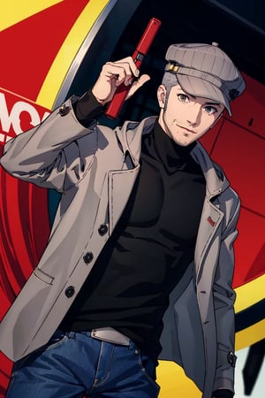 (1 image only), solo male, Munehisa Iwai,  Persona, Asian, Japanese, Weapons Dealer, grey hair, short hair, stubble, grey eyes, sideburns, gray pin-striped hat, (yellow ear defenders),  black turtleneck sweater, long gray coat, open coat, coat hood down, simple blue jeans, black leather boots, mature, masculine, handsome, charming, alluring, smile, perfect anatomy, perfect proportions, (best quality, masterpiece), (perfect eyes), high_resolution, dutch angle, [cowboy shot]