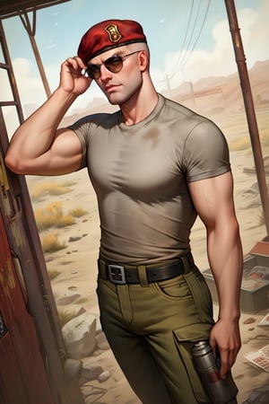 score_9, score_8_up, score_7_up, score_6_up, perfect anatomy, perfect proportions, best quality, masterpiece, high_resolution, high quality, best aesthetic, incredibly absurdres, highres, extremely detailed, huge filesize, mature, masculine, manly, virile, handsome, charming, alluring, bara, male focus, solo male, cowboy shot, dutch angle, source_game \(Fallout: New Vegas\), official style \(Fallout: New Vegas\), Craig Boone, FNVBoone, bald, green eyes, Boone_Outfit01, sunglasses, red beret, 1st Recon beret\(Fallout: New Vegas\), 1st Recon emblem\(Fallout: New Vegas\), white undershirt, short sleeves, brown military-esque cargo pant, combat boots,