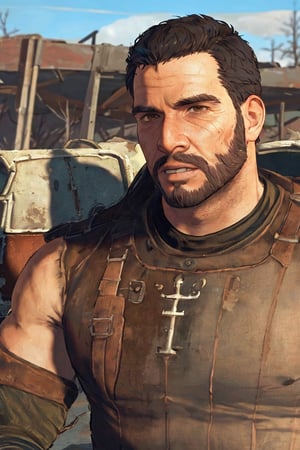 solo male, realistic, Paladin Danse, Fallout 4, short hair, warm black hair, light brown eyes, facial hair, toplee, shirtless,, boots, mature, handsome, charming, alluring, ((portrait, headshot, close-up)), perfect anatomy, perfect proportions, best quality, masterpiece, high_resolution, dutch angle, photo background, ruined overhead interstate, Fallout 4 location, post-apocalyptic ruins, desolated landscape, dark blue sky,Masterpiece