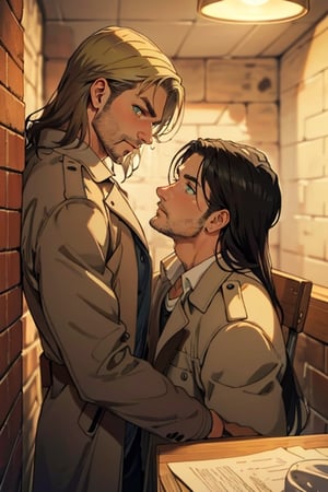 couple, ((2people)), first man giver(Eren Jaeger, ,erenad, black hair, long hair, long straight hair, hair down, stubble, grey-green eyes:1.3), second mature man receiver(reiner braun, blond hair, stubble, hazel eyes:1.2), (uniform, white collared shirt, opem brown trench coat:1.2), (different hair style, different hair color, different face:1.3), makeout, eye contact, gay, homo, slight shy, charming, alluring, seductive, highly detailed face, detailed eyes, perfect light, 1930s military red brick basement, spacious room, retro, oil lamp light outside frame, (best quality), (8k), (masterpiece), best quality, 1 image, manly, perfect anatomy, perfect proportions, perfect perspective 