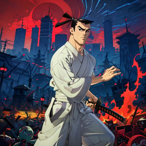 (1 image only), solo male, Samurai Jack, Cartoon Network style, Asian, Japanese, intense gaze, black hair, short topknot, black eyes, geta, white kimono, white sashes, wide sleeves, mature, handsome, charming, alluring, uperfect anatomy, perfect proportions, (best quality, masterpiece), (perfect hands), high_resolution, dutch angle, cowboy shot, fine art, (2d, flat), (single placket),  fighting_stance, holding sword, (perfect sword), battoujutsu, red and black cityscape