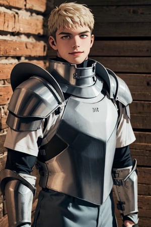 (1 image only), solo male, 1boy, Laios Touden, Delicious in Dungeon, knight, blond hair, short hair, light gold eyes, average height, silver plate armour, silver gauntlets, white shirt under armor, silver knee guards, simple brown boots, slight smile, handsome, charming, alluring, standing, upper body in frame, perfect anatomy, perfect proportions, 2d, anime, (best quality, masterpiece), (perfect eyes, perfect eye pupil), high_resolution, dutch angle, dungeon location, (Hands:1.1), better_hands