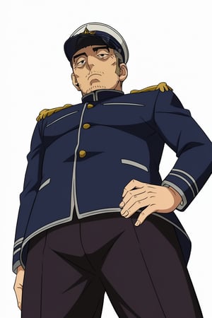 source_anime , anime coloring,  Toshiyuki Kadokura, GKToshiyuki, two-tone hair, black/grey hair, short hair, black eyes, thick eyebrows. bags under eyes, long sideburns, facial hair, stubble, Toshiyuki_outfit01, Abashiri Prison jailer uniform, black tunic jacket, epaulettes, black pants, peaked cap, white peaked cap adorned with single star, simple background, white background, from below, low angle

