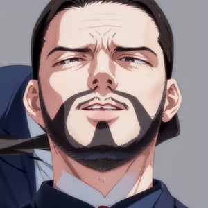 (solo male), Maeda, Asobi Asobase, butler, black hair, short hair, black eyes, facial hair, dark blue 3 Piece Suit, formal, white collared shirt, red necktie, dark blue vest, dark blue jacket, dark blue pants, mature, handsome, charming, alluring, calm, polite, portrait, close-up, perfect anatomy, perfect proportions, best quality, masterpiece, high_resolution simple background, classroom, close eyes, parted lips, (from below:0.9), 