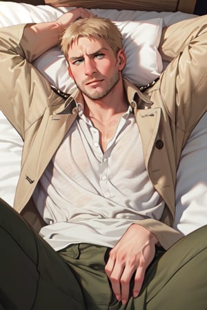 reiner_braun  1boy, solo, (extremely detailed CG unity 8k wallpaper), (masterpiece), (best quality), (ultra-detailed), (best illustration), (best shadow), (absurdres) upper body, (lying on bed, on back, spread legs), masculine, stubble, handsome, charming, alluring, smirk, awkward, shy, blush, erotic, perfect eyes, white collared shirt, (widely open tan trench coat), military green pants, perfect anatomy, perfect proportions, reiner braun,perfecteyes, arms rised