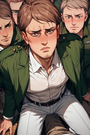 Gay man,  score_9,score_8_up,score_7_up, male receiver Jean Kirstein, brown hair, light-brown eyes, thin eyebrows, facial hair, stubble, white collared shirt, green-overcoat, long-coat, white pants, black combat boot, perfect anatomy, kneeling, blush, awkward, innocent face, look up, BREAK (pov, view from above), (surrounded by many men, surrounded by multiple male lower body in pants:1.5), (covered crotch),JeanKirstein