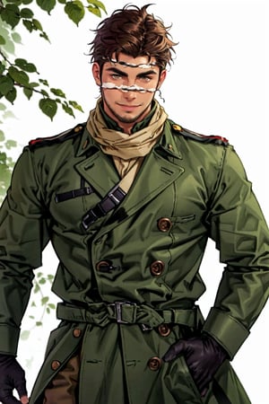 (1 image only), solo male, 1boy, Sadik Adnan, Turkey, Hetalia: Axis Powers, Turkish male, olive-skinned, facial hair, chinstrap stubble, sideburns, shaved philtrum, hairless philtrum, brown eyes, thick dark eyebrows, brown hair, short hair, long green coat, brown pants, knee-high boots, tan scarf, black gloves, grin, handsome, mature, charming, alluring, upper body in frame, perfect anatomy, perfect proportions, 8k, HQ, (best quality:1.2, hyperrealistic:1.2, photorealistic:1.2, masterpiece:1.3, madly detailed photo:1.2), (hyper-realistic lifelike texture:1.2, realistic eyes:1.2), high_resolution, perfect eye pupil, dutch angle,perfecteyes