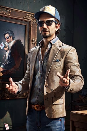 1boy, solo, Ace Visconti, Dead By Dayligh, Argentinian of Italian descent, gambler, grey-streaked hair, facial hair, sunglasses, (cap), damask print shirt, classic jacket, jeans, mature, manly, masculine, handsome, charming, alluring, dashing, smirk, (standing), (upper body in frame), dark background, fog, dark atmosphere, cinematic light, perfect anatomy, perfect proportions, perfect perspective, 8k, HQ, (best quality:1.5, hyperrealistic:1.5, photorealistic:1.4, madly detailed CG unity 8k wallpaper:1.5, masterpiece:1.3, madly detailed photo:1.2), (hyper-realistic lifelike texture:1.4, realistic eyes:1.2), picture-perfect face, perfect eye pupil, detailed eyes, realistic, HD, UHD, portrait, looking outside frame, side view, dynamic, cinematic , floating poker cards,best quality,