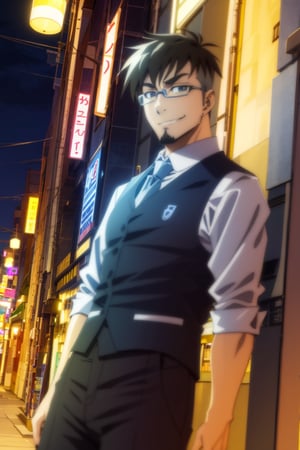 (1 image only), solo male, Jay Chiang, Great Pretender Razbliuto, Asian, Taiwanese, Taipei city, night alley, 2d, anime, flat, black hair, short hair, high fade, goatee, thick eyebrows, brown eyes, silver glasses, collared shirt, necktie, vest, sleeves rolled up, pants, shoes, smile, mature, handsome, charming, alluring, standing, upper body, perfect anatomy, perfect proportions, (best quality, masterpiece), (perfect eyes:1.2), perfect hands, high_resolution, dutch angle, cowboy shot