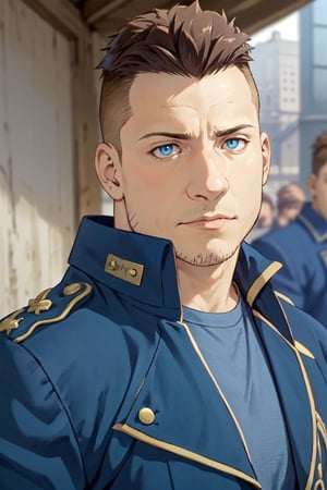 (1 image only), solo male, 1boy, Heymans Breda, Fullmetal Alchemist, anime, 2D, blue eyes, brown hair, short hair, high fade, stubble, handsome, chubby, open (pure blue military uniform, blue 
 coat), confidence, charming, alluring, upper body in frame, perfect anatomy, perfect proportions, 8k, HQ, (best quality:1.2, hyperrealistic:1.2, photorealistic:1.2, masterpiece:1.3, madly detailed photo:1.2), (hyper-realistic lifelike texture:1.2, realistic eyes:1.2), high_resolution, perfect eye pupil, dutch angle,best quality, (long sleeves)