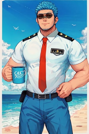 (1 image only), solo male, Wilbur, Animal Crossing, personification, blue hair, short hair, blue facial hair, jawline stubble, black eyes, (aviator sunglasses), aviation pilot uniform, white collor shirt, red necktie, epaulette, blue pants, socks, black footwear, mature, bara, handsome, charming, alluring, smile, standing, upper body, perfect anatomy, perfect proportions, (best quality, masterpiece), (perfect eyes, perfect eye pupil), perfect hands, high_resolution, dutch angle, cowboy shot, seaside, summer, hand up, holding mug cup
