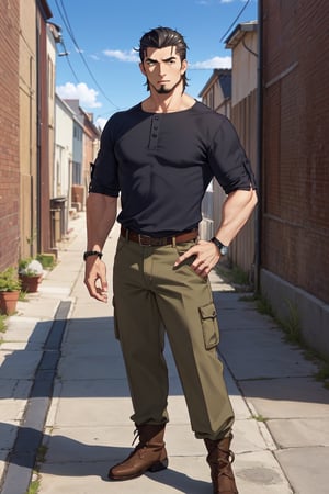 (1 image only), solo male, Kaburagi, Deca Dence, greying black hair, slicked back hair, thick eyebrows, sideburns, goatee, green eyes, scar, tucked-in wide necked short-sleeved white shirt, sleeves tucked up and buttoned, short sleeves, olive wide worker pants, black belt tied, brown boots. simplpe leather bracelet, toned male, mature, handsome, charming, alluring, standing, hand on waist, perfect anatomy, perfect proportions, best quality, masterpiece, high_resolution, dutch angle, outdoors, day, blue sky, science fiction, citadel on sky, photo background, better_hands, (perfect hand, perfect fingers:1.4)