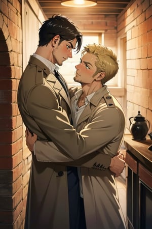 couple, ((2people)), first man giver(Eren Jaeger, ,erenad, black hair, long straight hair, hair down, stubble, grey-green eyes), second mature man receiver(reiner braun, blond hair, short hair, stubble, hazel eyes, chiseled jaw), ((uniform, white collared shirt, opem brown trench coat)), different hair style, different hair color, different face, makeout, eye contact, gay, homo, skight shy, charming, alluring, seductive, highly detailed face, detailed eyes, perfect light, 1910s military stone basement, retro, oil lamp light outside frame, (best quality), (8k), (masterpiece), best quality, 1 image, rugged, manly, hunk, perfect anatomy, perfect proportions, perfect perspective, hug,Eren Jaeger 