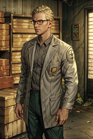 1boy, solo, Arcade Gannon, Fallout: New Vegas, doctor, scientist, 35 years old, tall, blonde hair, short hair, green eyes, wore glasses, handsome, pure light-grey collared shirt, white lab coat, military green pants, black combat boots, perfect anatomy, perfect proportions, 8k, HD, HQ, (best quality:1.2, masterpiece, madly detailed photo), detailed, perfect face, perfect eye pupil, detailed eyes, high_resolution