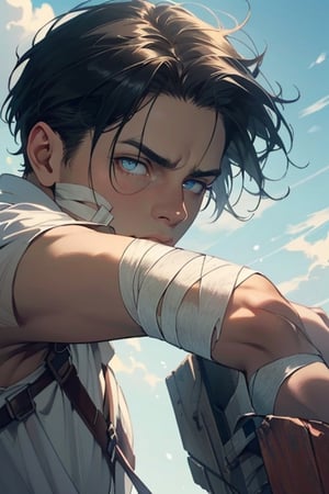 Levi Ackerman, black hair, dull blue eyes, pure white collared shirt,(white eye bandage on right eye:1.3), (AttackonTitan, wearing Omni-directional mobility gear), fit body, 34 years old, charming, alluring, dejected, depressed, sad, calm eyes, (standing), (upper body in frame), simple background, endless ocean, pink cloudy sky, dawn, 1910s harbor, only1 image, perfect anatomy, perfect proportions, perfect perspective, 8k, HQ, (best quality:1.5, hyperrealistic:1.5, photorealistic:1.4, madly detailed CG unity 8k wallpaper:1.5, masterpiece:1.3, madly detailed photo:1.2), (hyper-realistic lifelike texture:1.4, realistic eyes:1.2), picture-perfect face, perfect eye pupil, detailed eyes, realistic, HD, UHD, (front view, symmetrical picture, vertical symmetry:1.2), look at viewer