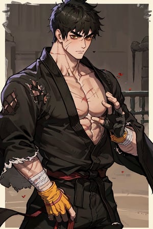 solo male, Grappler, Dungeon Fighter Online, black hair, short hair, brown eyes, thick eyebrows, forked eyebrows, stubble, green eyes, scars on face, scar on cheek, scar on chest, pectorals, pectoral cleavage, rn black dougi, black martial arts pants, red martial arts belt, yellow fingerless gloves, barefoot, bandaged hand, toned male, mature, handsome, charming, alluring, erotic, (blush, shy, clothes down, undressing), upper body, perfect anatomy, perfect proportions, ((perfect eyes, perfect, parfect fingers)), best quality, masterpiece, high_resolution, dutch angle, photo background,1guy