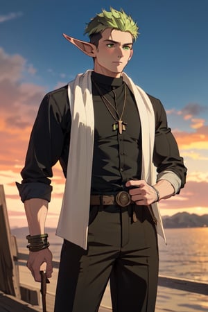 solo male, Kraft\(Frieren: Beyond Journey's End\), elf, masculine, manly, clergy, (olive green hair), short hair, undercut, multicolored hair, green eyes, pointed ears, BREAK (black clothing, high-collaerd-shirt, black shirt with yellow cuffs:1.3, button up shirt, black pants, white scarf, white puttee, shoes, necklace, mature, handsome, charming, alluring, standing, upper body, perfect anatomy, perfect proportions, best quality, masterpiece, high_resolution, dutch angle, cowboy shot, photo background