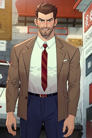 (1 image only), solo male, bara, Chase Devineaux, French, detective, brown hair, short hair, hair slicked back, brown eyes, sideburns, facial hair, broad stubble, white collared shirt, striped brown/red necktie, pure brown suit jacket, dark blue suit pants, mature, handsome, charming, alluring, grin, blush, standing, upper bod, perfect anatomy, perfect proportions, 2D, anime, (best quality, masterpiece), (perfect eyes, perfect eye pupil), high_resolution, dutch angle, perfect hands