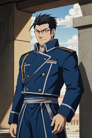 1boy, solo, Maes Hughes, Fullmetal Alchemist, anime,  2D, tall, lean, black hair, jovially spiky hair, brown eyes, rectangular spectacles framed, 29 years old, mature, blue military uniform, manly, masculine, handsome, charming, alluring, office, (standing), (upper body in frame), perfect light, perfect anatomy, perfect proportions, perfect perspective, 8k, HQ,  (best quality:1.2, masterpiece:1.2, madly detailed), perfect face, (portrait), looking_at_viewer, outdoor, sky