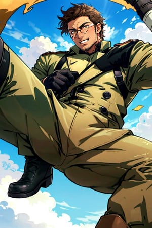 (1 image only), (solo male), 1boy, Sadik Adnan, Turkey, Hetalia: Axis Powers, Turkish male, olive-skinned, facial hair, chinstrap stubble, sideburns, (clean face), brown eyes, brown hair, short hair, grin, long green military trench coat, brown pants, knee-high boots, black gloves, handsome, mature, charming, alluring, full body, perfect anatomy, perfect proportions, 8k, HQ, (best quality:1.2, masterpiece:1.3), high_resolution, perfect eye pupil, dutch angle, perfecteyes, Hagia sophia loction, building, 2d, flat, cartoon, better_hands, perfecteyes, Male focus, (spread legs)