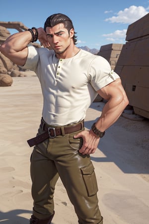 (1 image only), solo male, Kaburagi, Deca Dence, greying black hair, slicked back hair, thick eyebrows, sideburns, goatee, green eyes, scar, tucked-in wide necked short-sleeved white shirt, sleeves tucked up and buttoned, short sleeves, olive wide pants, brown boots. black belt tied. leather bracelet, toned male, mature, handsome, charming, alluring, standing, upper body, perfect anatomy, perfect proportions, best quality, masterpiece, high_resolution, dutch angle, cowboy shot, outdoors, day, blue sky, science fiction, photo background, (Hands:1.1), better_hands, perfect fingers