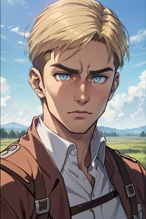 erwin_smith, blonde hair, icy blue eyes, thick eyebrows, AttackonTitan, scout regiment uniform, fit body, 39 years old, mature, dilf, charming, alluring, dejected, depressed, sad, calm eyes, (standing), (upper body in frame), simple background, green plains, grey blue cloudy sky, dawn, only1 image, perfect anatomy, perfect proportions, perfect perspective, 8k, HQ, (best quality:1.5, hyperrealistic:1.5, photorealistic:1.4, madly detailed CG unity 8k wallpaper:1.5, masterpiece:1.3, madly detailed photo:1.2), (hyper-realistic lifelike texture:1.4, realistic eyes:1.2), picture-perfect face, perfect eye pupil, detailed eyes, realistic, HD, UHD, (front view, symmetrical picture, vertical symmetry:1.2), look at viewer