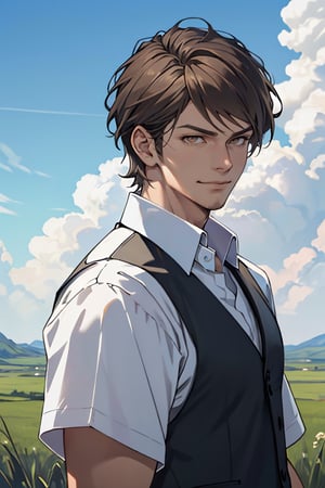 jean_kirstein, brown hair, (short hair:1.2), (light brown eyes, normal size eyes), almond-shaped eyes, slender eyes, wearing pure white collared shirt, black vest, youthful, handsome, charming, alluring, arrogant, smirk, (standing), (upper body in frame), simple background, green plains, cloudy blue sky, perfect light, only1 image, perfect anatomy, perfect proportions, perfect perspective, 8k, HQ, (best quality:1.5, hyperrealistic:1.5, photorealistic:1.4, madly detailed CG unity 8k wallpaper:1.5, masterpiece:1.3, madly detailed photo:1.2), (hyper-realistic lifelike texture:1.4, realistic eyes:1.2), picture-perfect face, perfect eye pupil, detailed eyes, realistic, HD, UHD, (front view:1.2), portrait, looking outside frame