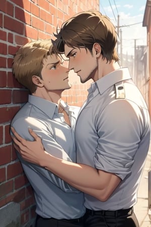 perfect anatomy, perfect proportions, perfect perspective, couple, ((2people)), first man giver (jean_kirstein, brown hair, stubble, light brown eyes),second mature man receiver(reiner braun, blond hair, stubble, hazel eyes, chiseled jaw), (( pure white collared shirt, roll-up sleeves)), short hair, stubble, dilf, different hair style, different hair color, different face, makeout, eye contact, gay, homo, slight shy, charming, alluring, seductive, highly detailed face, detailed eyes, perfect light, on 1910s city wall, military, retro, (best quality), (8k), (masterpiece), best quality, 1 image, rugged, manly, hunk, hug 