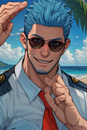 (1 image only), solo male, Wilbur, Animal Crossing, personification, pure blue hair, short hair, black eyes, blue facial hair, jawline stubble, aviation pilot uniform, white collor shirt, red necktie, epaulette, aviator sunglasses, mature, dilf, bara, handsome, charming, alluring, grin,(close-up,portrai), (two-finger salute:1.2), perfect anatomy, perfect proportions, (best quality, masterpiece), (perfect eyes, perfect eye pupil), perfect hands, high_resolution, dutch angle, seaside, summer