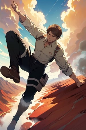 Jean Kirstein(brown hair, stubble, light brown eyes), ((pure white collared shirt, fit shirt, black pants)), mature, manly, hunk, charming, alluring, seductive, highly detailed face, detailed eyes, perfect light, ((only 2 legs, perfect legs)), ((floating in the air, flying on very high sky, dangling)), simple background, empty sky with cloud, (best quality), (8k), (masterpiece), best quality, 1 image, perfect anatomy, perfect proportions, perfect perspective, (AttackonTitan, wearing Omni-directional mobility gear), ((full body in frame)), dutch angle, dynamic, (Hands:1.1), better_hands, (red rock desert in background distant, vast steamy smoke on the ground in far horizon)