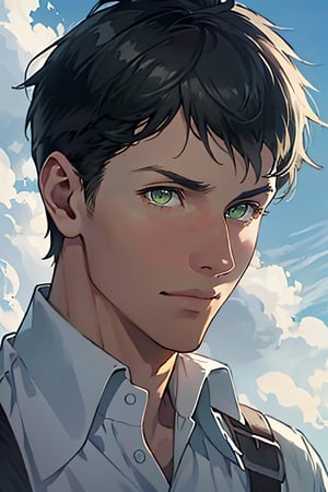 Bertolt Hoover |, (black hair, shorter hair:1.2), (pale green eyes, normal size eyes), (aquiline nose:1.2), fit body, wearing pure white collared shirt, blue sweater, handsome, charming, alluring, calm eyes, (standing), (upper body in frame), simple background, green plains, cloudy blue sky, perfect light, only1 image, perfect anatomy, perfect proportions, perfect perspective, 8k, HQ, (best quality:1.5, hyperrealistic:1.5, photorealistic:1.4, madly detailed CG unity 8k wallpaper:1.5, masterpiece:1.3, madly detailed photo:1.2), (hyper-realistic lifelike texture:1.4, realistic eyes:1.2), picture-perfect face, perfect eye pupil, detailed eyes, realistic, HD, UHD, (front view:1.2), portrait, looking outside frame,perfecteyes
