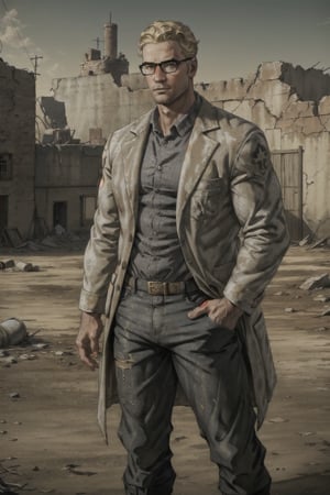 1boy, solo, Arcade Gannon, Fallout: New Vegas, doctor, scientist, 35 years old, tall, blonde hair, short hair, green eyes, wore glasses, handsome, light-grey collared shirt, white lab coat, military pants, black combat boots, perfect anatomy, perfect proportions, 8k, HD, HQ, (best quality:1.2, masterpiece, madly detailed photo), detailed, perfect face, perfect eye pupil, detailed eyes, high_resolution, perfecteyes, (upper body in frame, portrait), handsome, charming, alluring, sexy, erotic, Fallout: New Vegas location, Mojave Wasteland, post-apocalyptic ruins, desolated landscape, dark blue sky,(dutch angle)