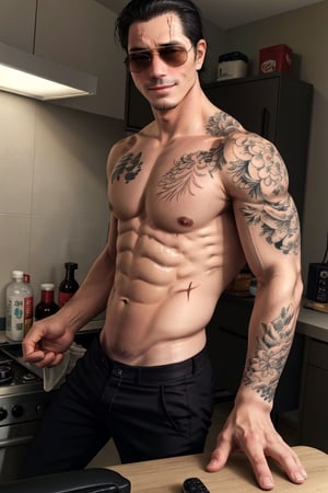 solo male, Tatsu, Japanese, househusband, yakuza, tattoos on body, black hair, slicked back hair, stubble, dark brown eyes, scar on face, topless, bare neck, bare shoulder, bare arms, bare waist, black pants, (aviator sunglasses), black shoes, toned male, mature, handsome, charming, alluring, smirk, upper body, perfect anatomy, perfect proportions, best quality, masterpiece, high_resolution, dutch angle, photo background, modern kitchen, YakuzaTattoo, (perfect hands, perfect fingers:1.3)