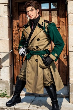 (1 image only), (solo male), 1boy, Sadik Adnan, Turkey, Hetalia: Axis Powers, Turkish male, olive-skinned, facial hair, chinstrap stubble, sideburns, (clean face), brown eyes, brown hair, short hair, grin, long green military trench coat, knee-high boots, black gloves, handsome, mature, charming, alluring, full body, perfect anatomy, perfect proportions, 8k, HQ, (best quality:1.2, masterpiece:1.3), high_resolution, perfect eye pupil, dutch angle, perfecteyes, Hagia sophia loction, building, 2d, flat, cartoon, (Hands:1.1), better_hands, perfecteyes, Male focus