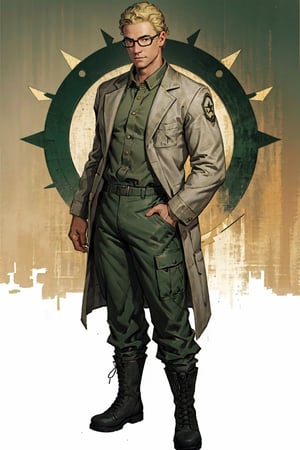 1boy, solo, Arcade Gannon, Fallout: New Vegas, doctor, scientist, 35 yrars old, tall, blonde hair, short hair, green eyes, wore glasses, handsome, grey collared shirt, white lab coat, military green pants, black combat boots, perfect anatomy, perfect proportions, 8k, HD, HQ, (best quality:1.2, masterpiece, madly detailed photo), detailed, perfect face, perfect eye pupil, detailed eyes, high_resolution