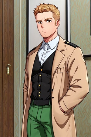 solo male, Reiner Braun, blond hair, short hair, facial hair, stubble, hazel eyes, tall, Marleyan soldier uniform, (pire white collared shirt:1.3), light-brown trench coat, (open coat:1.1), military green pants, black combat boots,  handsome, charming, alluring, standing, upper body, perfect anatomy, perfect proportions, best quality, masterpiece, high_resolution, dutch angle, cowboy shot, photo background,Reiner Braun,score_9_up
