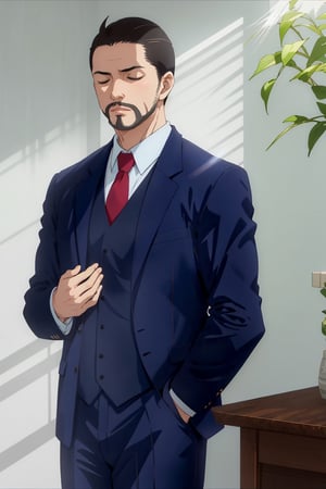 solo male, Maeda, Asobi Asobase, butler, black hair, short hair, black eyes, facial hair, dark blue 3 Piece Suit, formal, white collared shirt, red necktie, dark blue vest, dark blue jacket, dark blue pants, mature, handsome, charming, alluring, calm, polite, standing, upper body, perfect anatomy, perfect proportions, best quality, masterpiece, high_resolution, dutch angle, cowboy shot, (simple background, white background), (light rays, closed eyes, folding hands together)